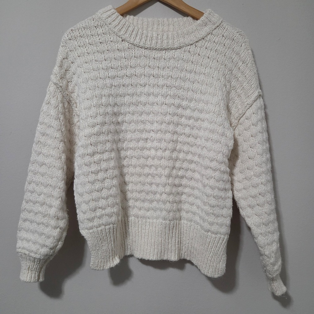 Aerie Cream White Popcorn Knit Crewneck Sweater XS Cotton Blend Chunky Pullover